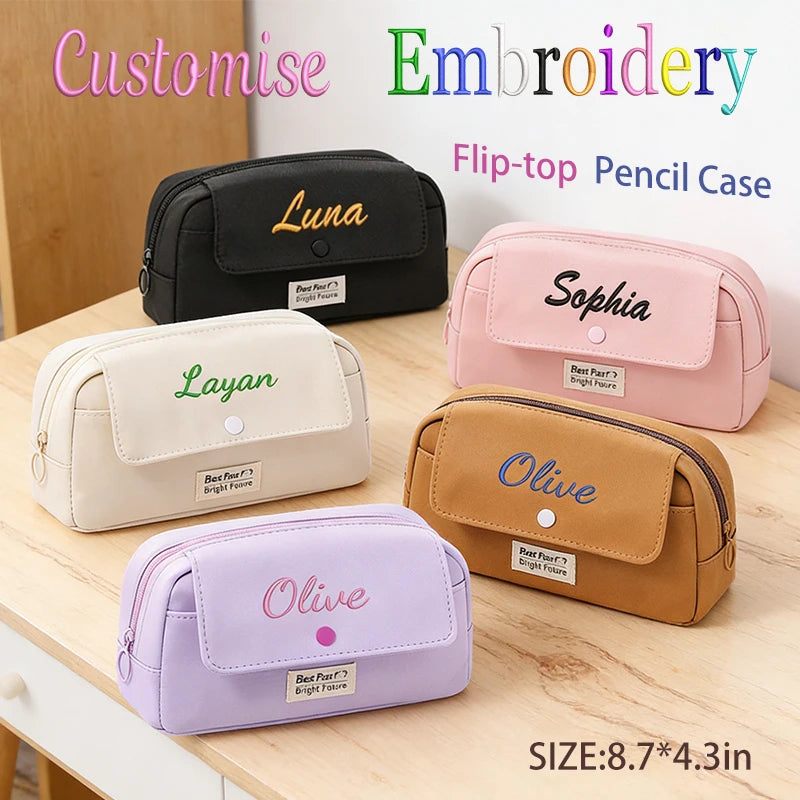 Customised Embroidery/Standard Style 2 Options, Personalized Flip-Top Pencil Case, Stationery Bag, Back-To-School Season,