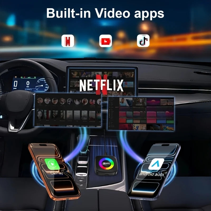 Magic Video Box, wireless CarPlay adapter, supports Netflix and YouTube streaming, plug-and-play, equipped with a TF card slot, compatible with Apple CarPlay and Android Auto video entertainment, in-car audio accessory, batte