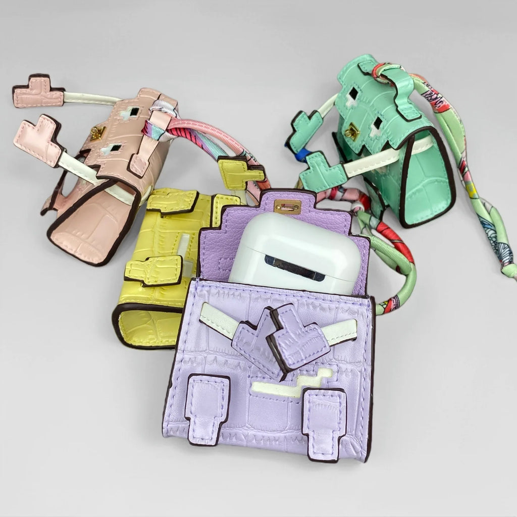 Mini Pixel Doll Bag Charm Adorable Croc-Etched PU Leather Keychain with Pouch for Earbuds & Coins Handcrafted Pastel Cutie Gift