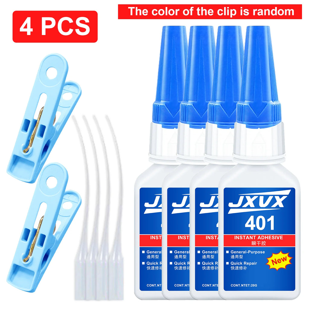 New and updated 401 super acrylate adhesive, instant drying in 5 seconds, waterproof, good stability, full bonding tool. Suitable for wood, plastic, ceramics, metal, rubber and so on.