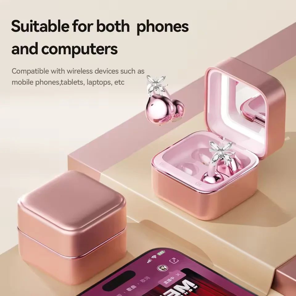 Clip On Open Ear Bluetooth 6.0 Earbuds, Jewelry Box LED Mirror Fill Light, HiFi Stereo Headphones, Fashion Gift For Women