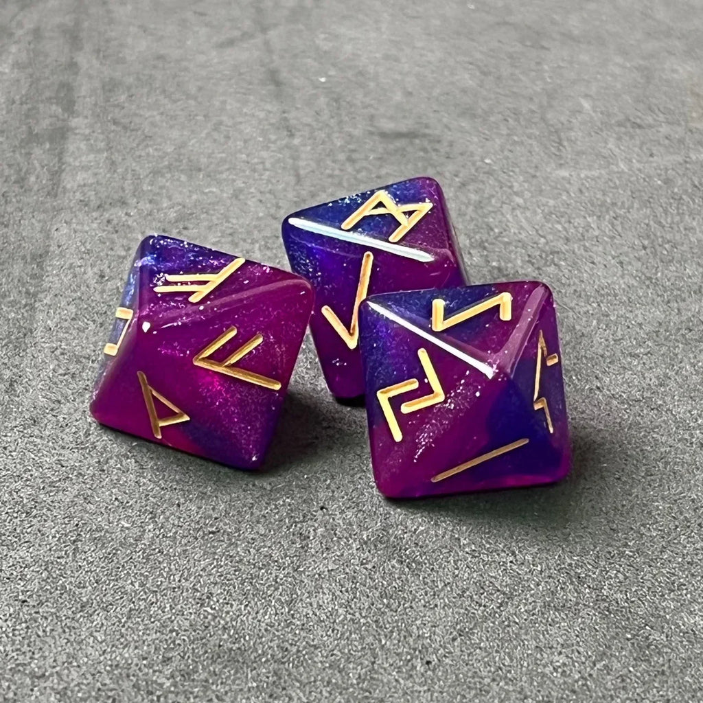 3PCS Assorted Polyhedral Dice Set Star Divination Rune Dice With Purple Drawstring Soft Light Bag For Divination Board Games