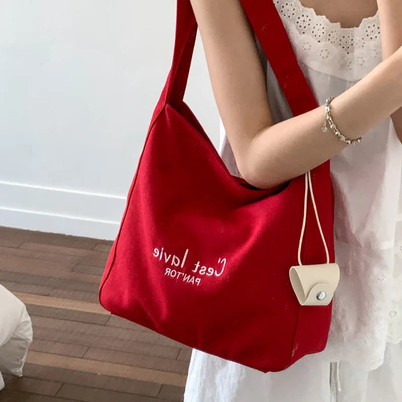 2026 Summer New Korean Style Canvas Casual Fashionable Tote Bags Single Shoulder Large Capacity Tote Shopping Bags for Leisure