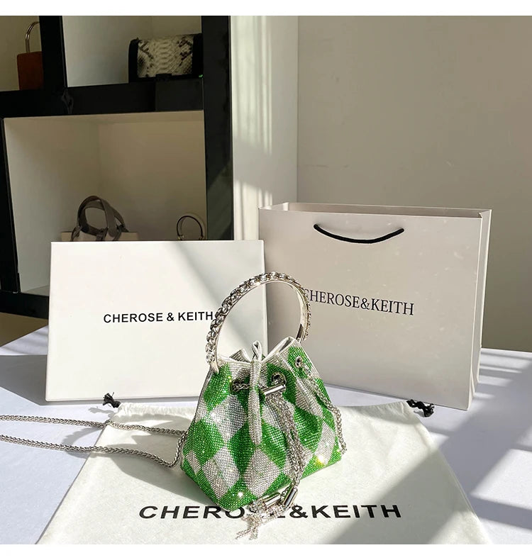 Luxury Designer Green Plaid Rhinestones Diamond Evening Clutch Bag Wedding Party Bucket Purse Women's Handbag Crossbody Bag