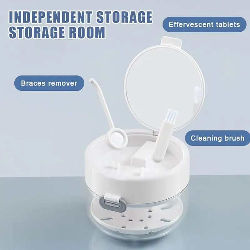 Portable 2 In 1 Multi-layer Denture Retainer Case With Clip-on Cap Cleaning Storage Box With Cleaning Brush No-Leak Oral Box