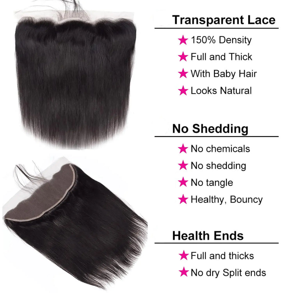 Brazilian Straight Human Hair Bundles with Frontal Closure 100% Virgin Hair Straight Weave 3 Bundles with 13x4 Lace Frontal Hair