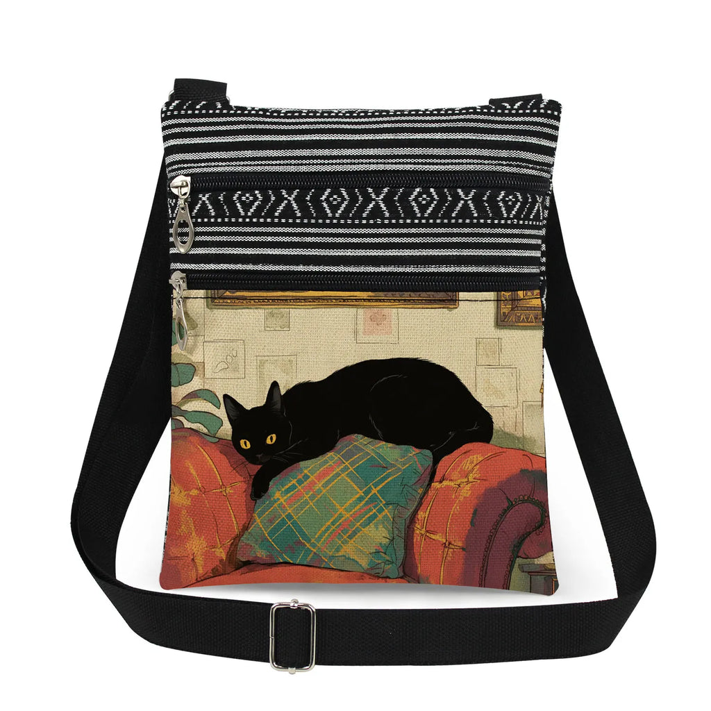 Cute Cartoon Black Cat Print Crossbody Bags Shoulder Bags For Women Daily Travel Portable Small Messenger Bags Catkeeper Gift
