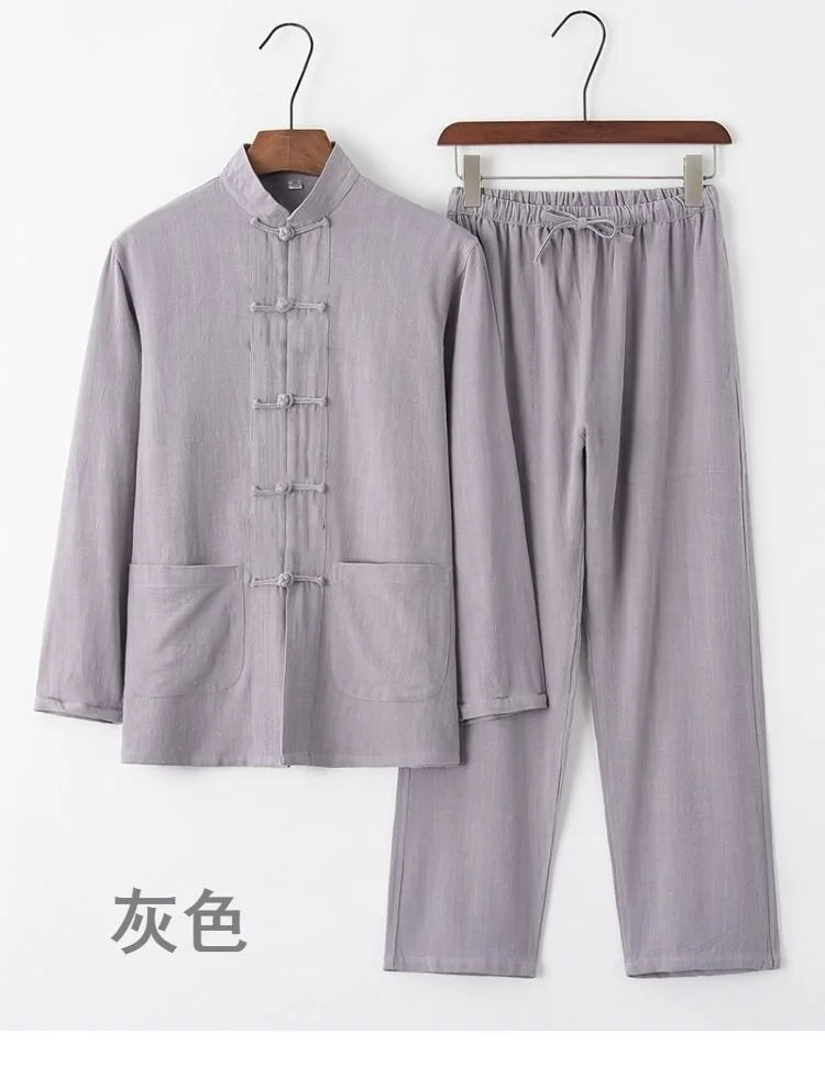 2026 New Men's Cotton Linen Tangzhuang Set Traditional Chinese Long Sleeve Suit Retro Ethnic Loose Tai Chi Clothing