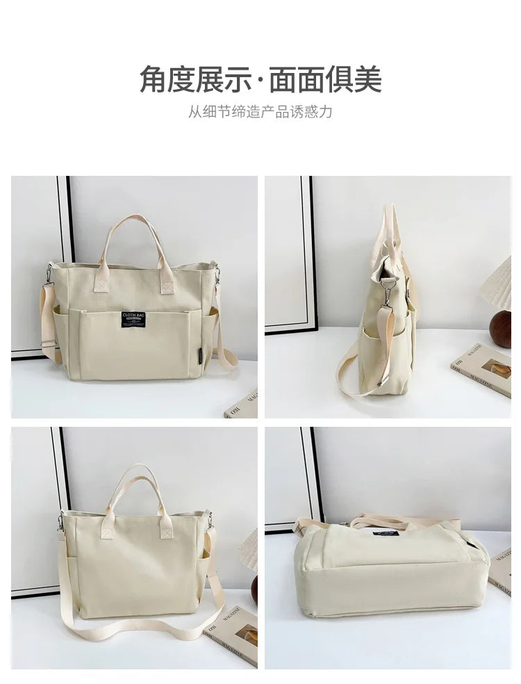 Urban Minimalist Female Student Large Capacity Commuting Horizontal Canvas Single Shoulder Diagonal Cross Portable Tote Bag