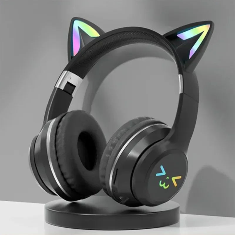 Pink Cat Ears TWS Earphone RGB Smile Face Gradient Headset Cute Gift For Little Girls Compatible With Any Smartphone