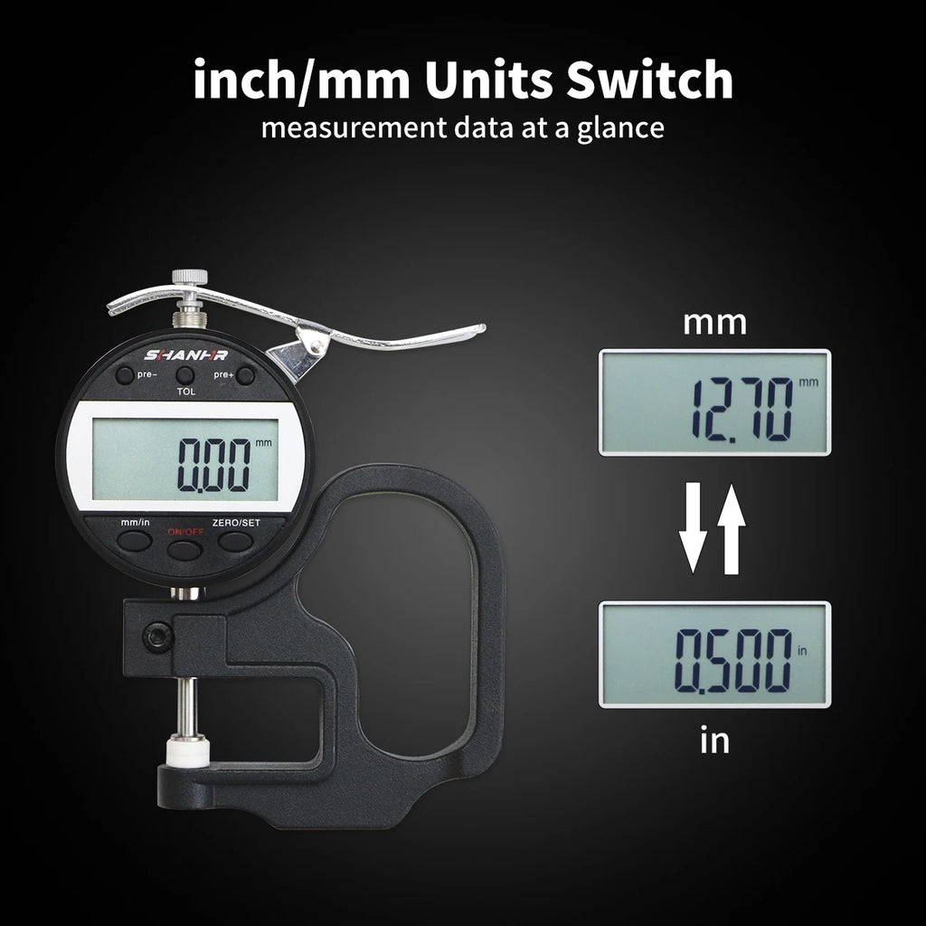 SHANHR Digital Thickness Gauge 0-10/0-25 mm, 0.01 mm Precision Measuring Tool for Leather and Glass