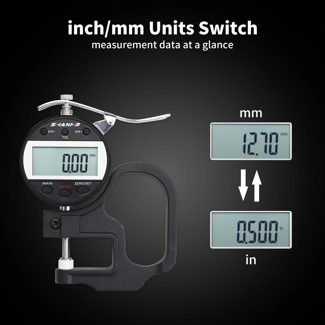 SHANHR Digital Thickness Gauge 0-10/0-25 mm, 0.01 mm Precision Measuring Tool for Leather and Glass