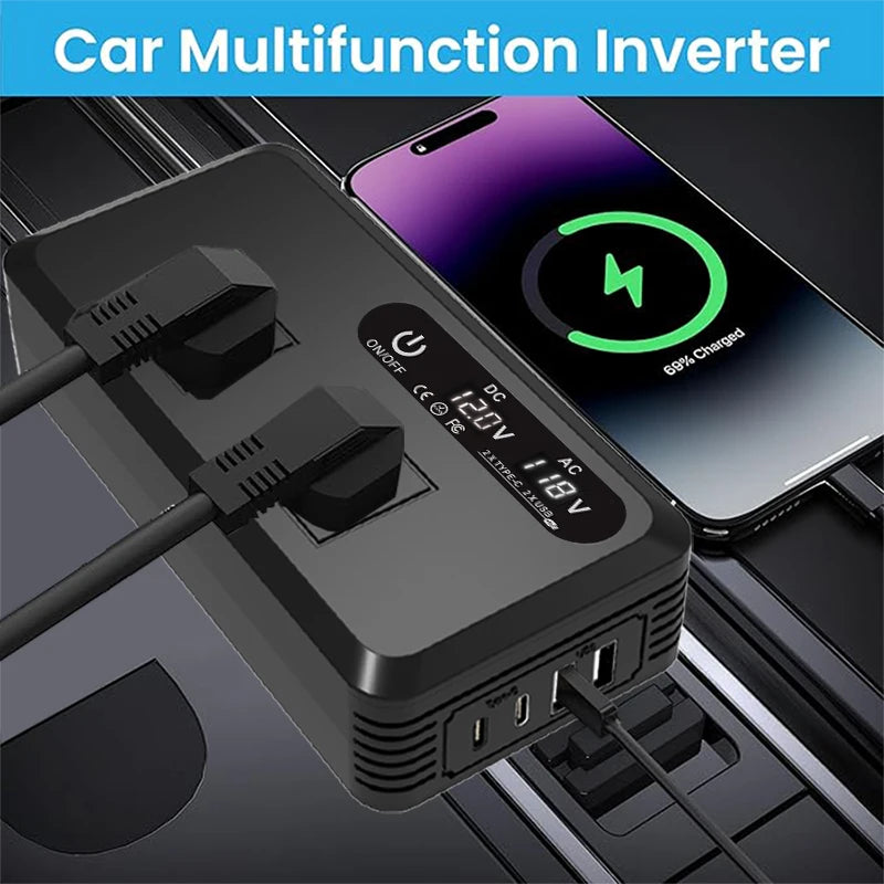 Car Inverter 200W DC 12V to AC 220V 230V Car Inverter Converter Auto Power Adapter USB Type C EU Universal Socket Power Adapter