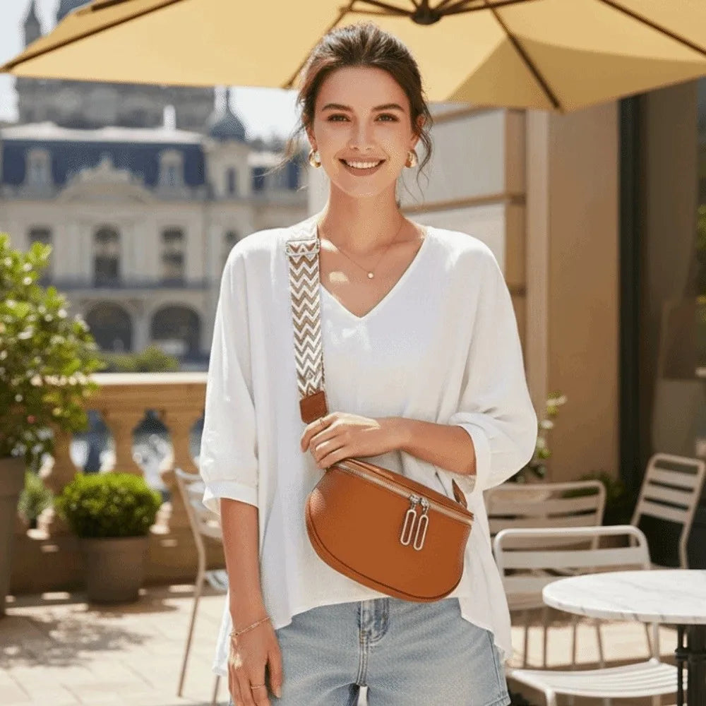 Bum Bag Leather Crossbody Bag Cowhide Texture Double Zippers Saddle Bag Jacquard Strap Solid Color Chest Pack Outdoor Travel