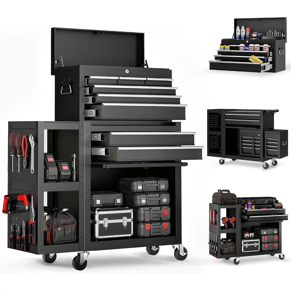 Mobile 3-in-1 Tool Chest with Lockable Steel Cabinet, Detachable Top and Bottom Storage, Ideal for Workshops and Repairs