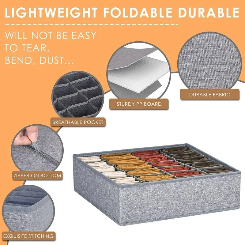1/2/3 Pack Gray Sock Underwear Organizer Dividers 16/24/64 Cell Fabric Foldable Closet Organizers Storage Boxes for Storing Sock