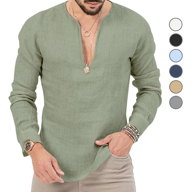 2026 Henry Linen Long Sleeve T-Shirt Men's Slim Fit Solid Color European and American Large Size Deep V-Neck Top Men