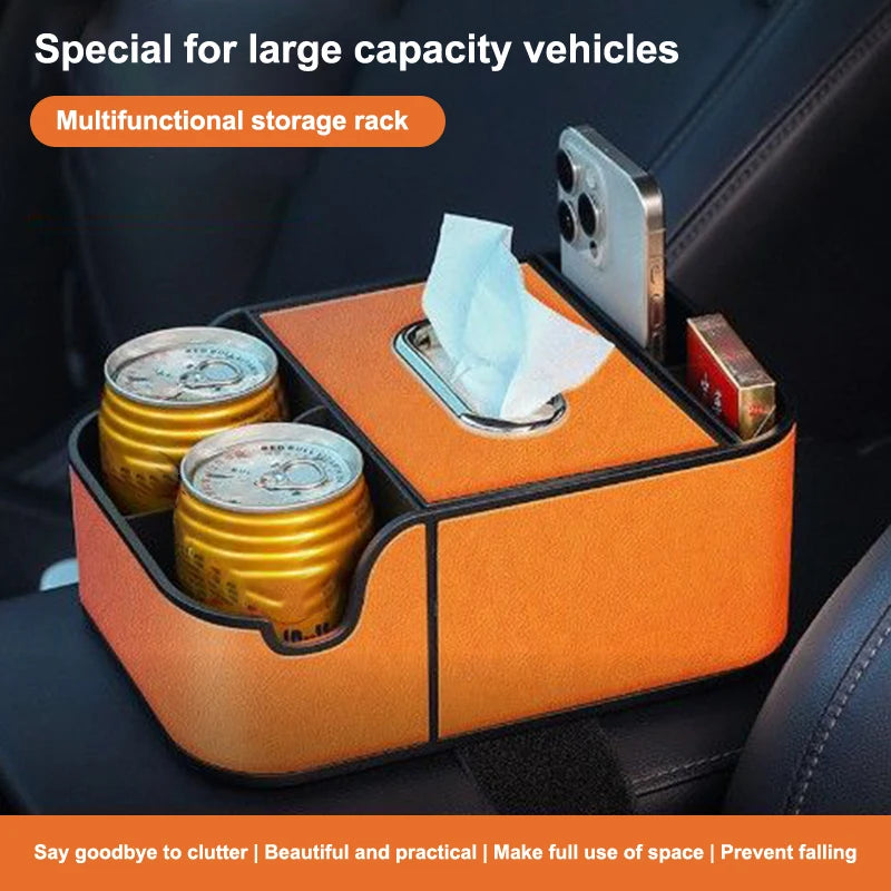 1PC Universal Car Armrest Organizer With 2 Cup Holders & Tissue Box - Back Seat Storage Box For SUV/Sedan Interior Accessories