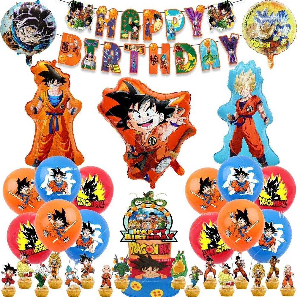 Dragoned Ball Z Balloons Happy Birthday Banner Goku Vegeta Ballons Party Decoration Plate Disposable Tableware Cake Topper Toy