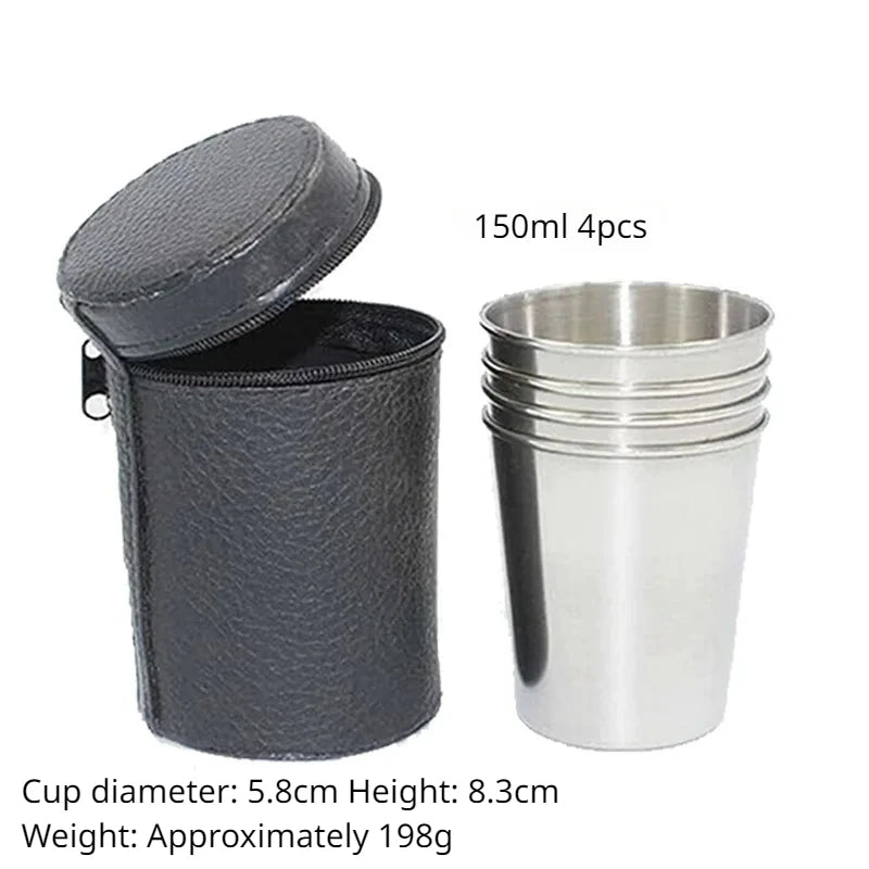 4-Piece Stainless Steel Water Glass with Black Leather Carrying Case Outdoor Camping Practical Travel Whiskey Wine Glass