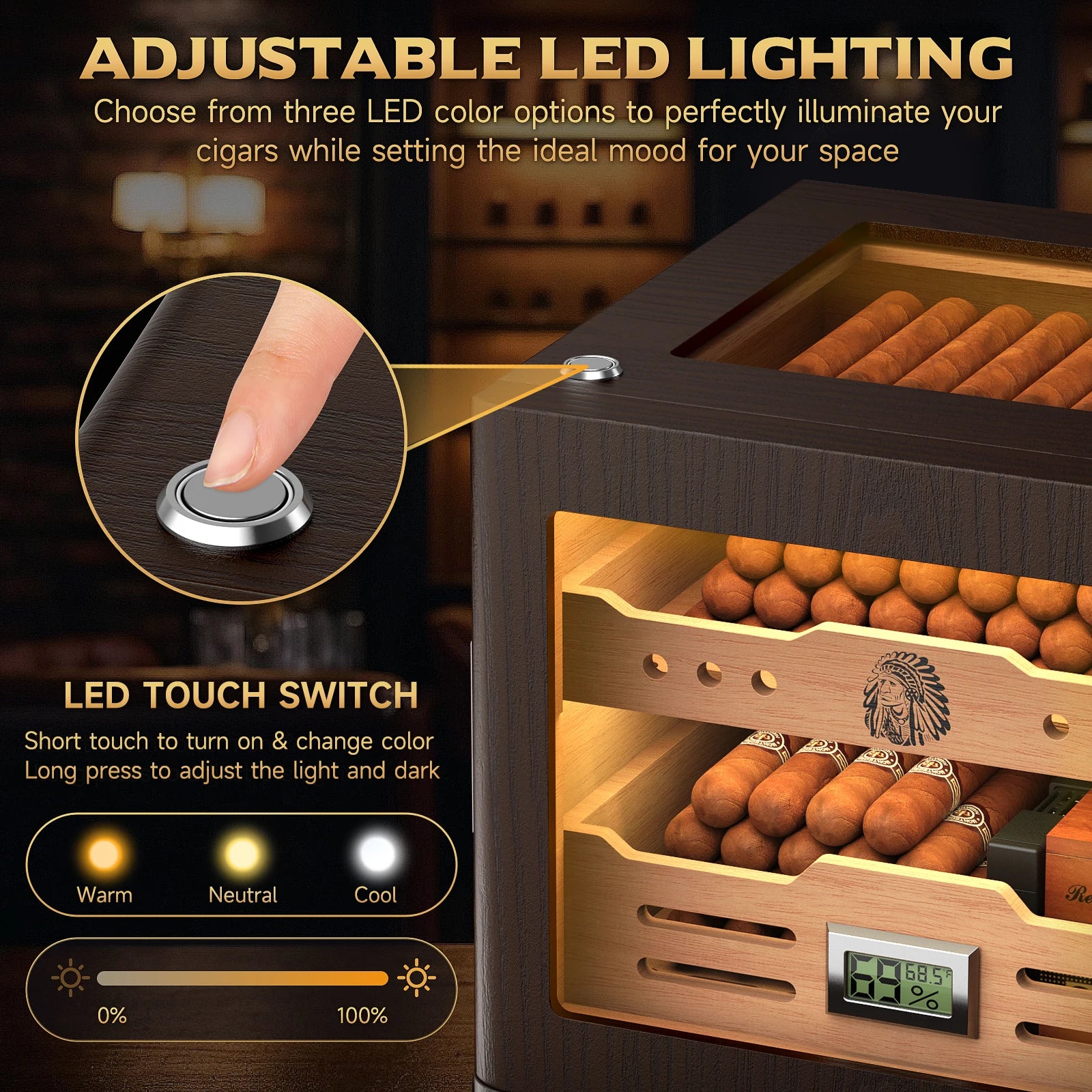 Cigar Humidor Cabinet,LED Lighting,Digital Hygrometer,2 Humidifiers,Cigar Tube,Desktop,Cedar Wood,with Drawer up to 100 Cigars