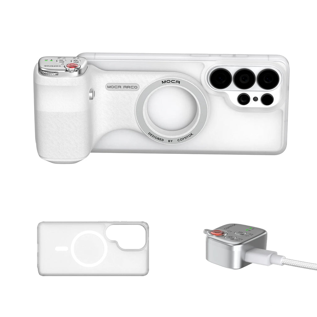 COMITOK MOCA ARCO Magnetic Camera Grip for Galaxy S26 Ultra Detachable Remote Handle with Matching Case for Vlog Video Selfie
