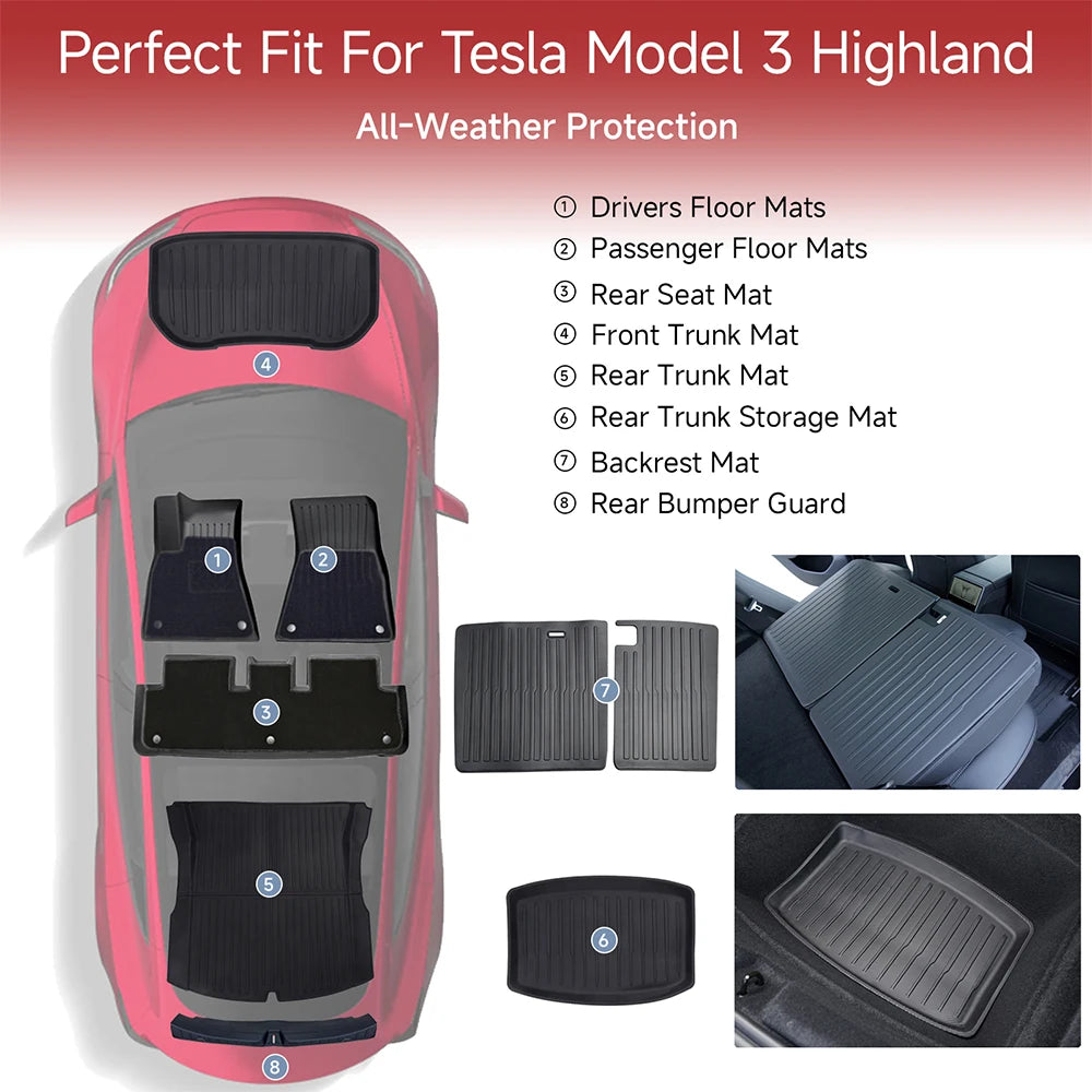 For Tesla Model 3 Highland Accessories TPE Floor Mat Cargo Liner Waterproof Trunk Mat for Tesla Model 3 Highland 2024-2026