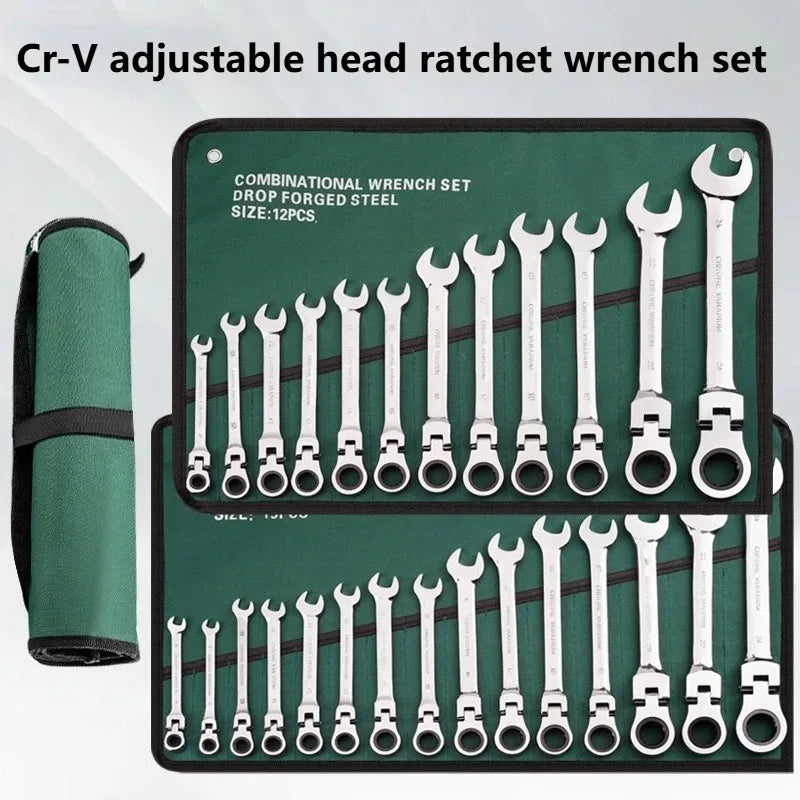 Ratchet Combination Wrench Set 6-32mm Gear Ring Ratcheting Combination Wrench Kit Metric Flexible Head with Canvas Bag Tools Set