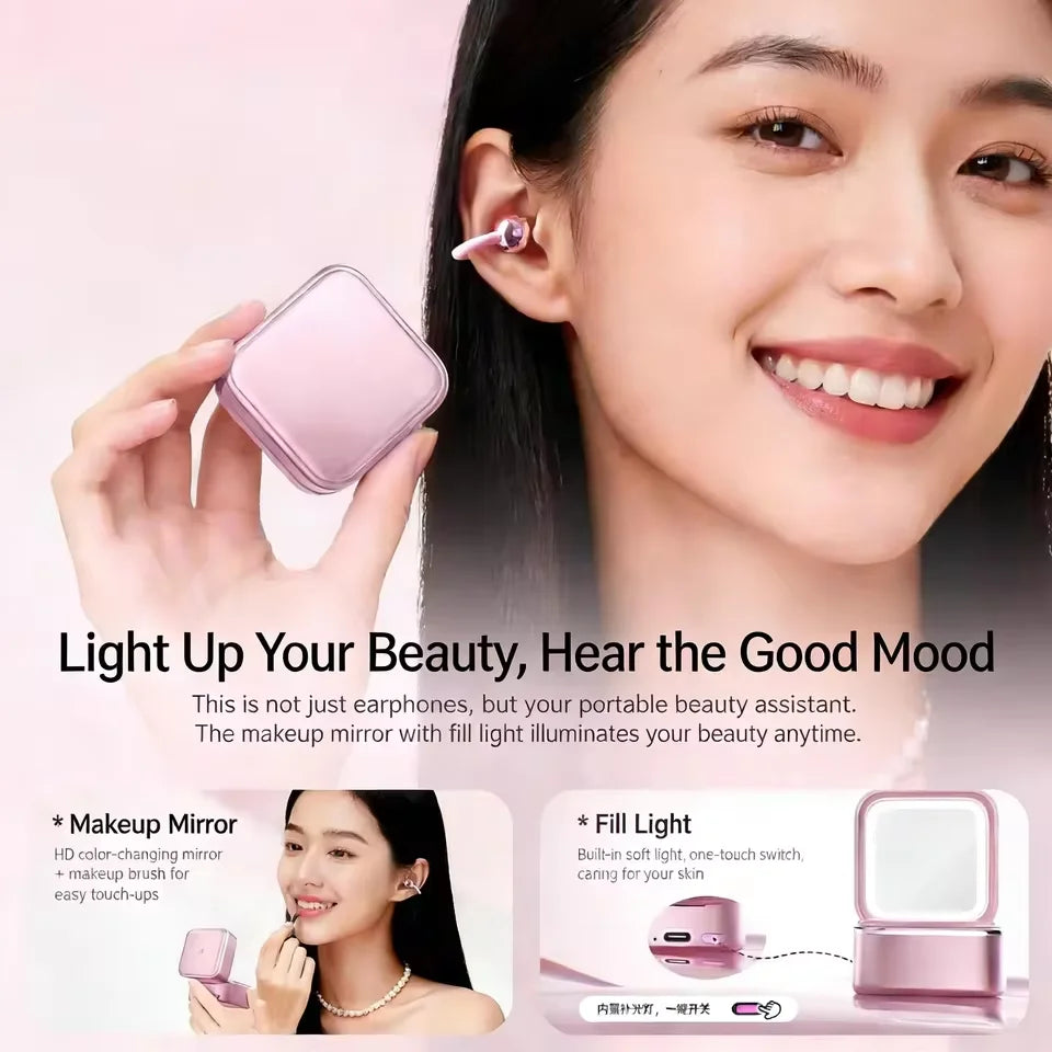 New Ear Clip Wireless Bluetooth 6.0 Earphones Headphones Jewelry Box With Makeup Mirror Fill Light For Fashion Gift TWS Earbuds