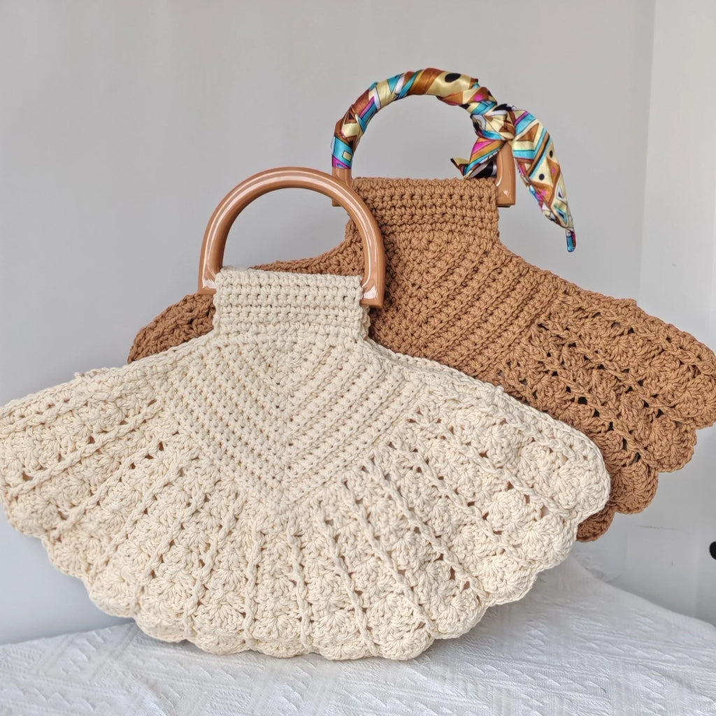 Crochet Shell Shape Bag Femme with Resin Handbag Handle Ladies All-Match Clutch Bag Crochet Bag Purse