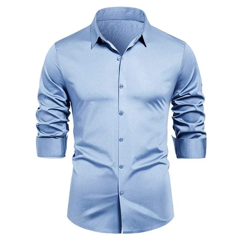 High-end Formal Work Shirts Men Spring Autumn Long Sleeve Elastic Shirt Anti-wrinkle Free Ironing Business Comfort Slim Workwear