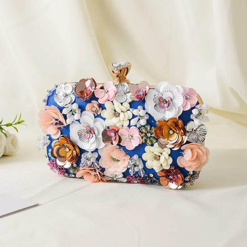 Floral Evening Dinner Handbag Beaded Flower Clutch Bag Metal Chain Crossbody Bag Banquet Handbag Wedding Prom Purse Dropship