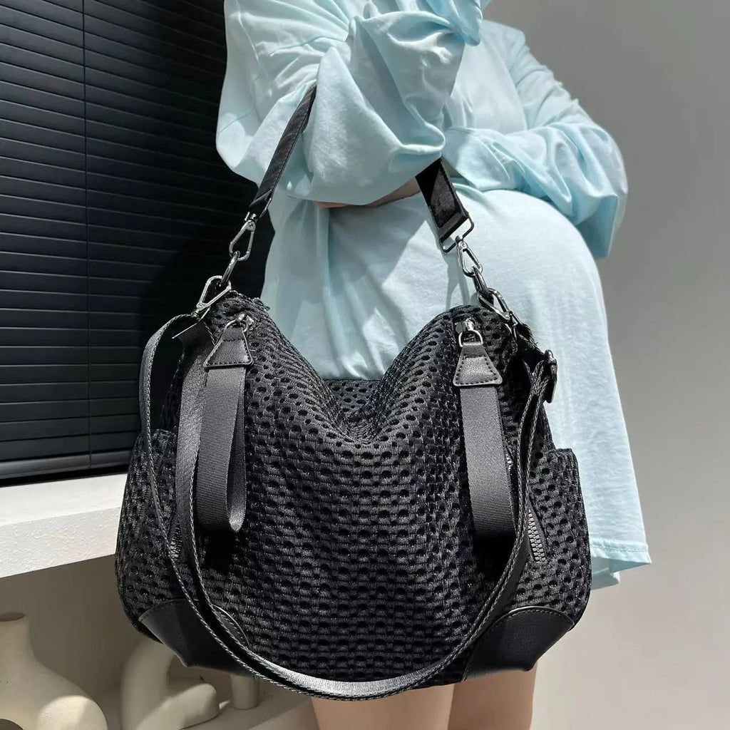 Fashionable neutral mesh spliced nylon shoulder bag, large capacity, lightweight and casual handbag