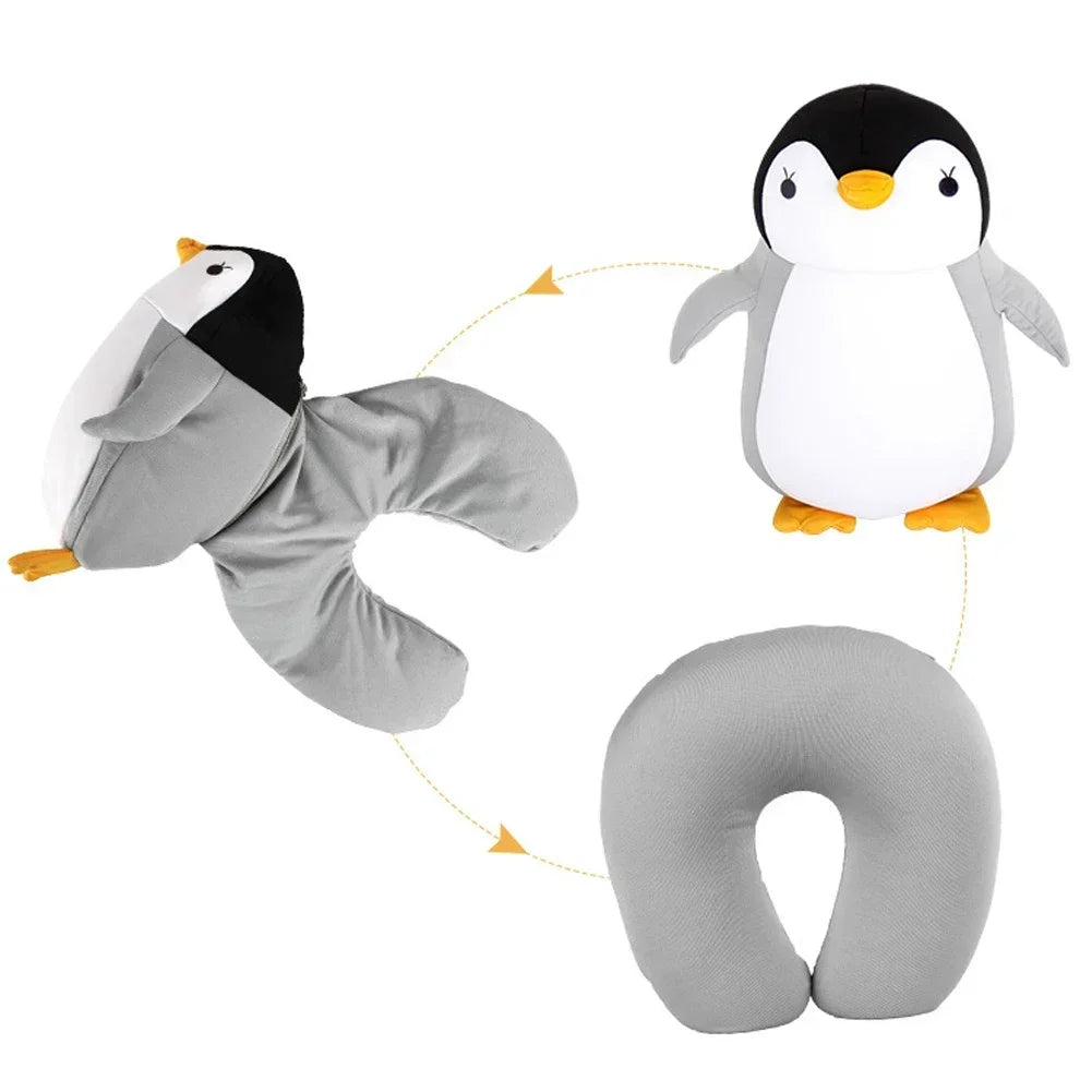 Travel Neck Pillow U-Shaped Plush Pillow Cute Zip and Flip Penguin Deformable Cushion Supports Your Head Neck Chin for Adult
