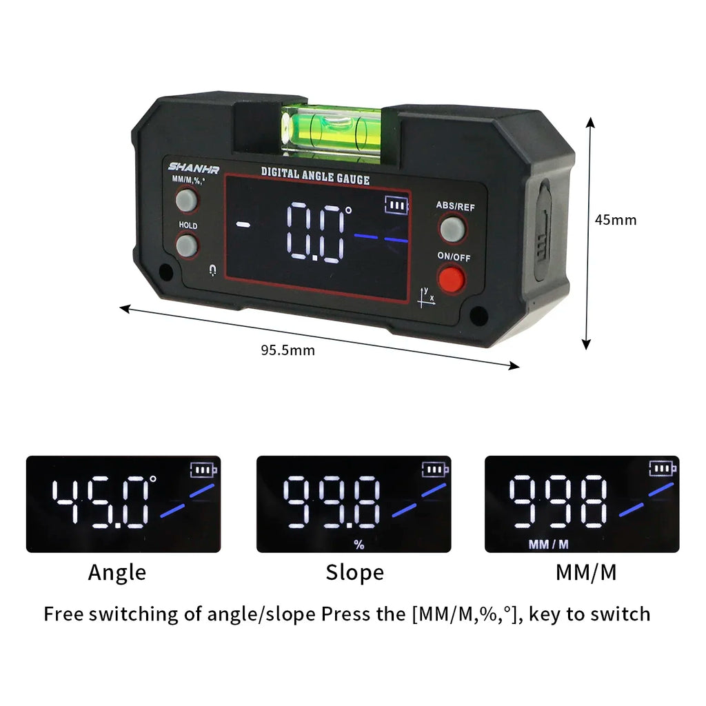 SHANHR Digital Angle Finder, Multi-Axis Protractor Tool with Backlit LCD, Digital Level with Bubble and Dual Axis Display