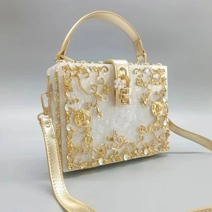 Luxury Acrylic Crystal Evening Bag Female New Hollow Out Metal Carved Flower Diamond Handbag Box Chic Shoulder Crossbody Bag Sac