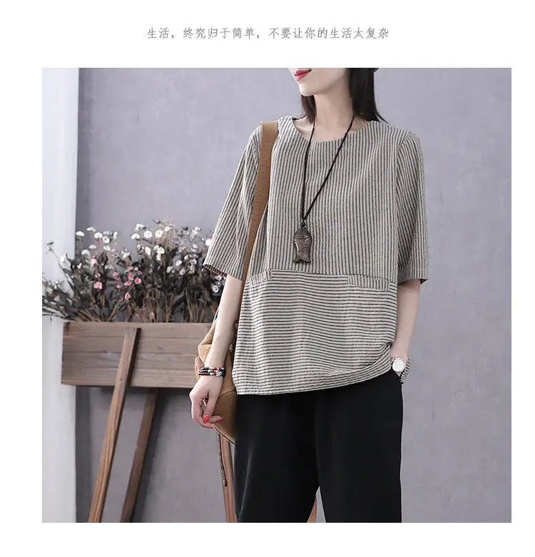 Plus Size Women's Summer Retro T-Shirt Loose Striped Thin Office Lady Fashion New Arrival Trendy Comfortable