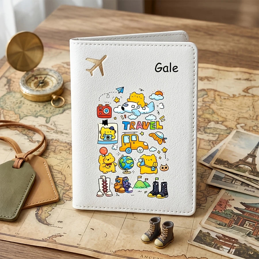 Personalized Name Text Passport Holder, Cute Cartoon Passport Case, Passport Cover And Document Organizer, Travel Ticket Holder