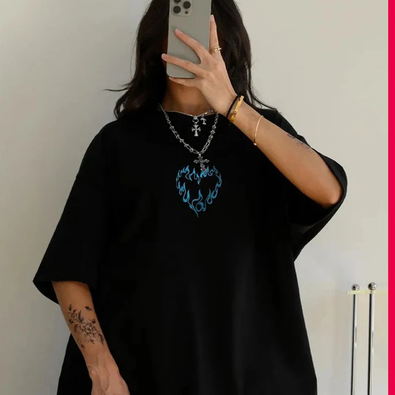 American Street Ins Pink Leopard Print Love Print Student Korean Version Summer Short-sleeved Top T-shirt Y2k Graphic T shirts