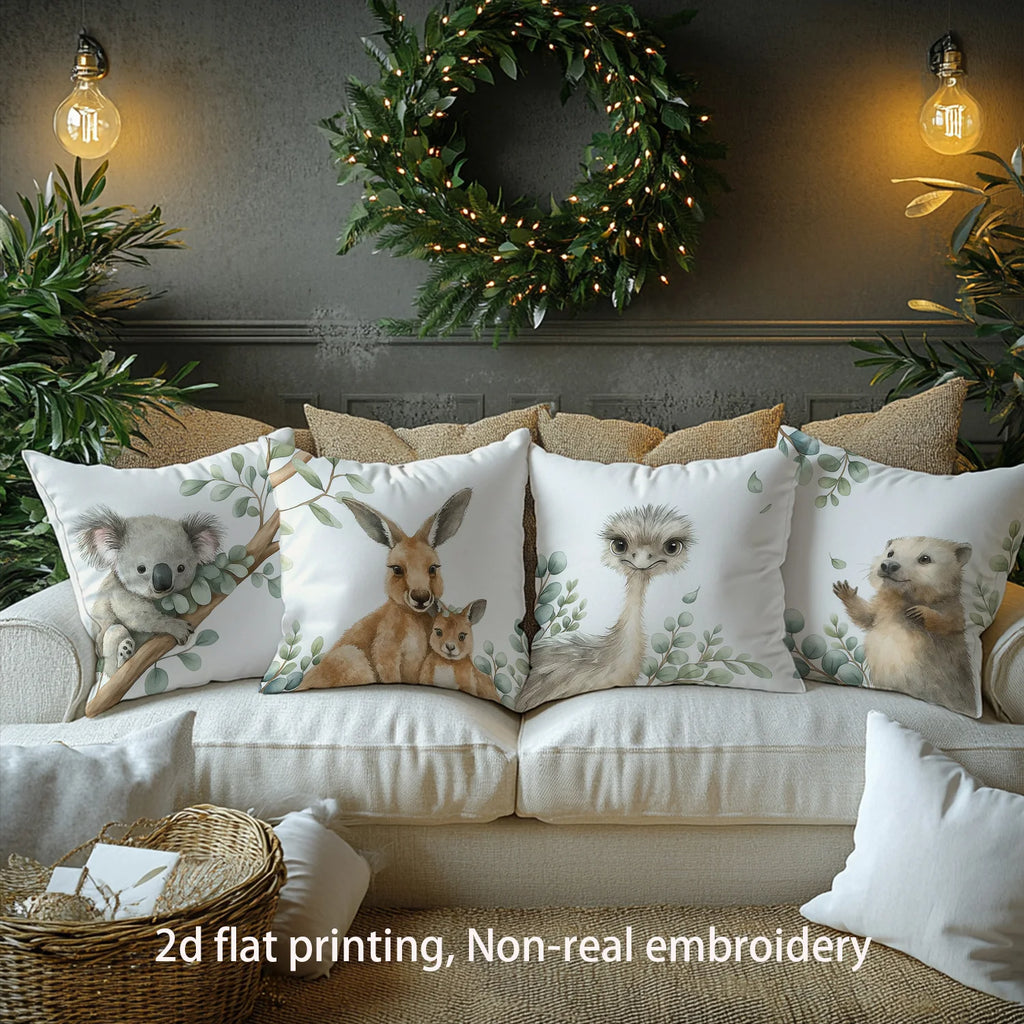 4pcs Australian Style Natural Eco-Friendly Pillowcase Set, Featuring Koalas, Kangaroos, Emus, and Wombats.