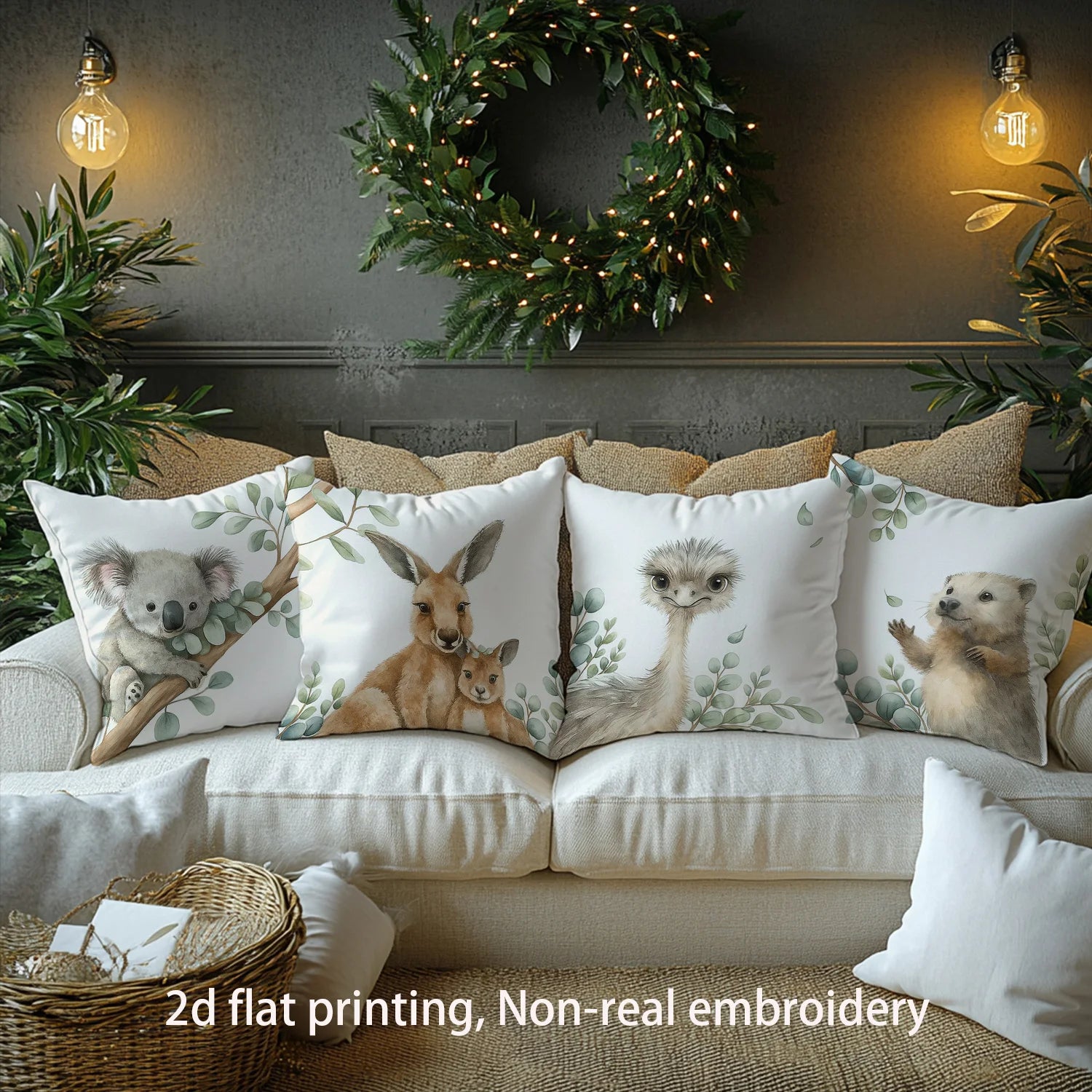 4pcs Australian Style Natural Eco-Friendly Pillowcase Set, Featuring Koalas, Kangaroos, Emus, and Wombats.