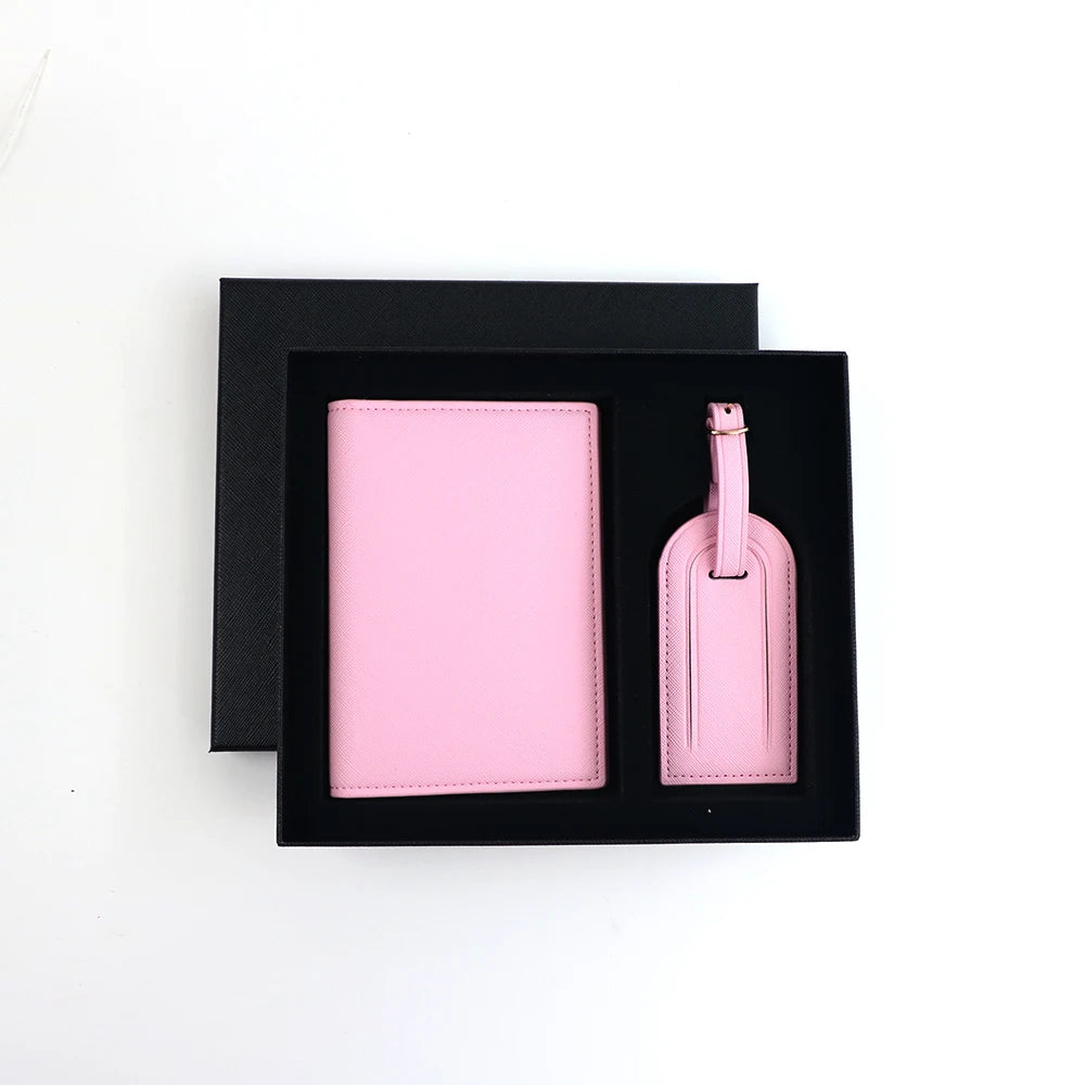 Customized name set, unisex Safiano PU leather passport holder and luggage tag gift box