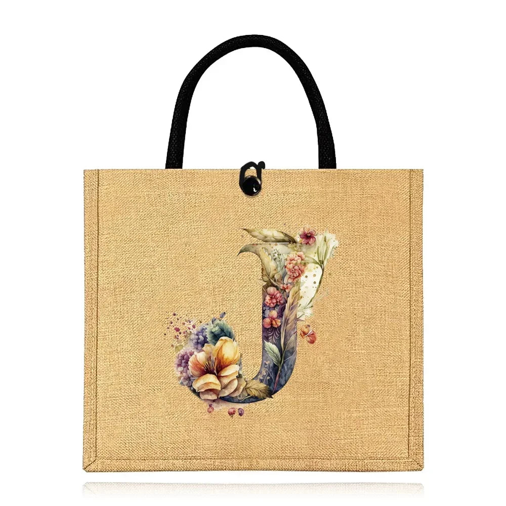 Flax Bag Fastener Handbag Organizer Storage Jute Tote Bags Imitation Cotton Women Valise Portable Floral Letter Printing Series