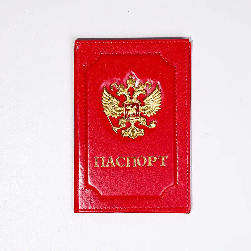 Unisex Russia Passport Holder Travel Organizer PU Leather Ticket Card Case Protective Cover with Gold Russian Badge Embossing