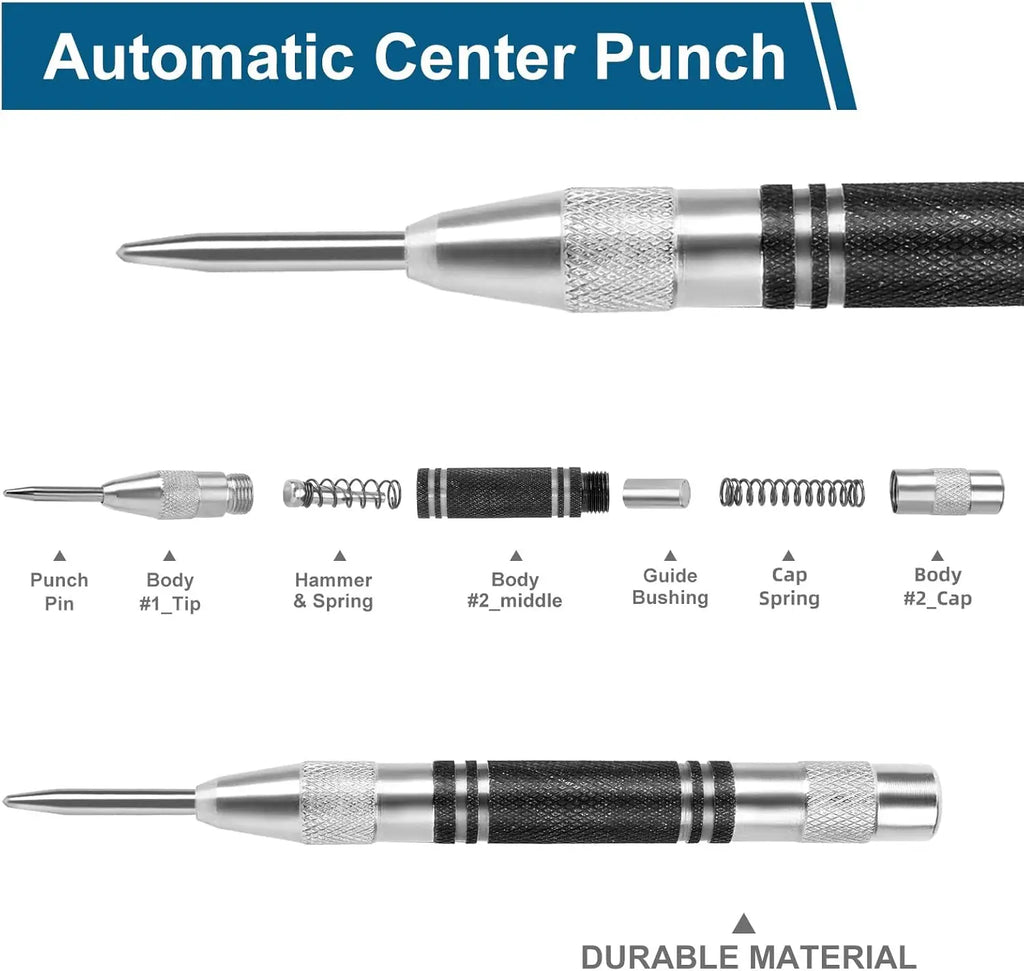Automatic Center Punch, 5'' Spring Loaded Center Hole Punch, Impact Center Marker Scriber Tool for Metal, Plastics, Wood, Glass