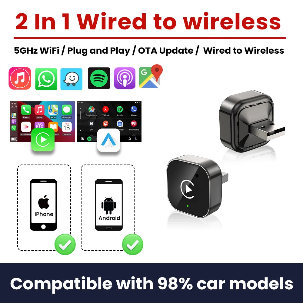 2026  Wireless CarPlay Adapter 2-in-1 Wired to Wireless Dongle for Apple & Android Auto Plug and Play For Car With Wired CarPlay
