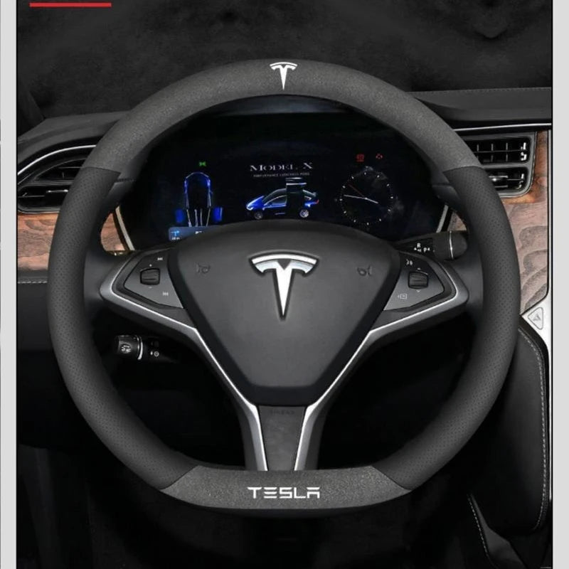For Tesla Model 3 Model Y Model S Model X Roadster Suede Anti-slip Breathable Leather Car Steering Wheel Cover Auto Accessories