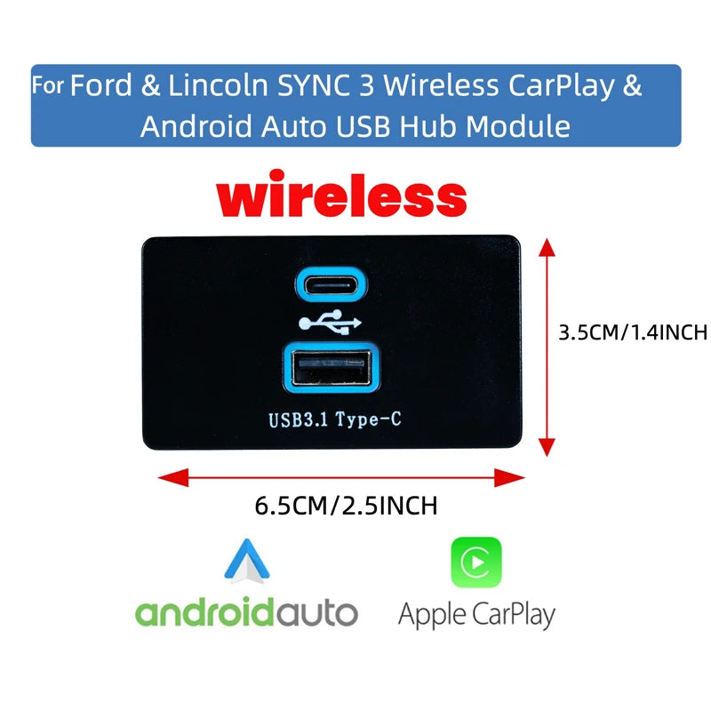 Wireless Carplay Android Auto for Ford & Lincoln SYNC3 USB HUB Type-C Multimedia Interface Module ML3T-14F014-AC HC3Z-19A387-D