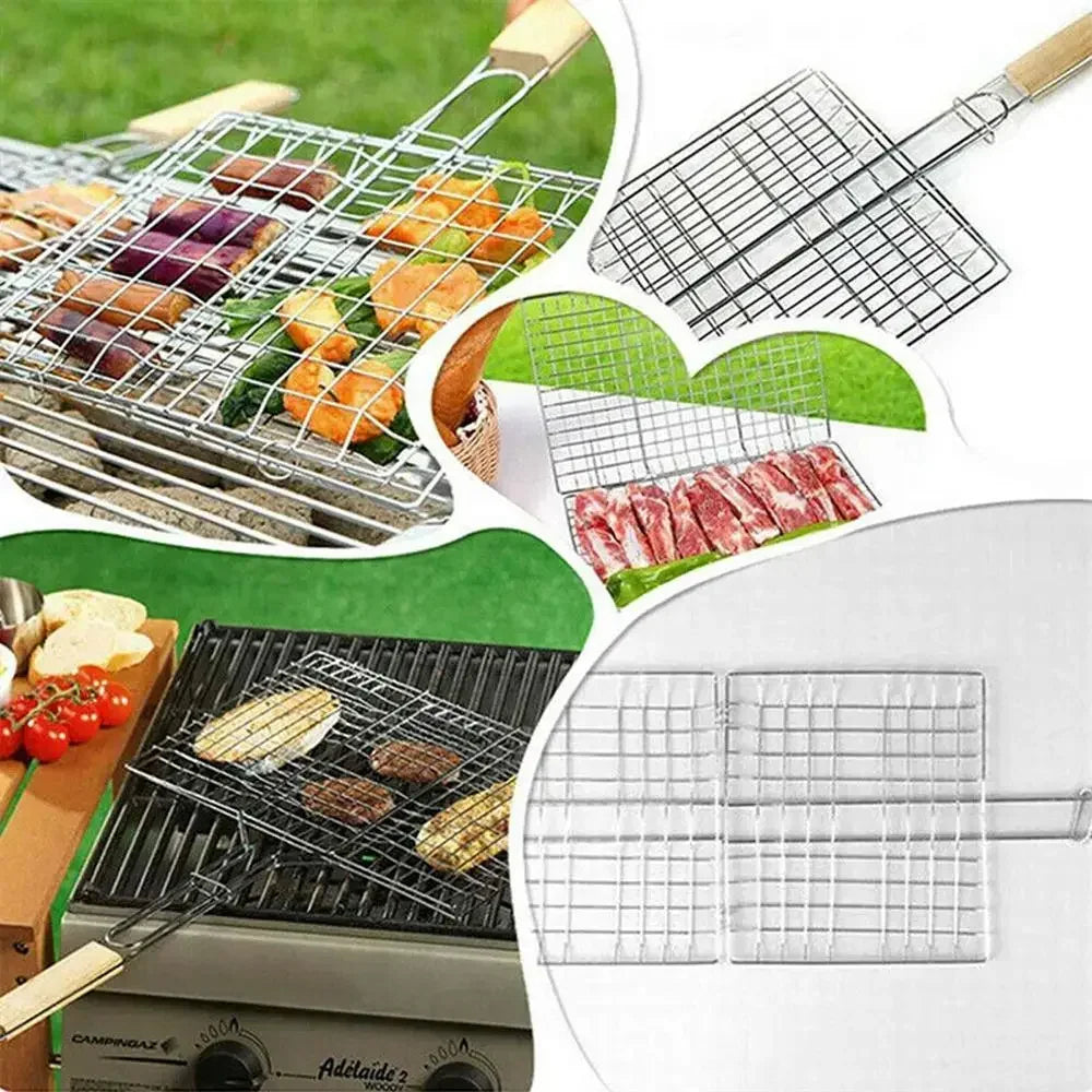 304 Stainless Steel Foldable BBQ Grill Basket Non-stick Wire Mesh for Fish Vegetables Outdoor Camping Party Travel