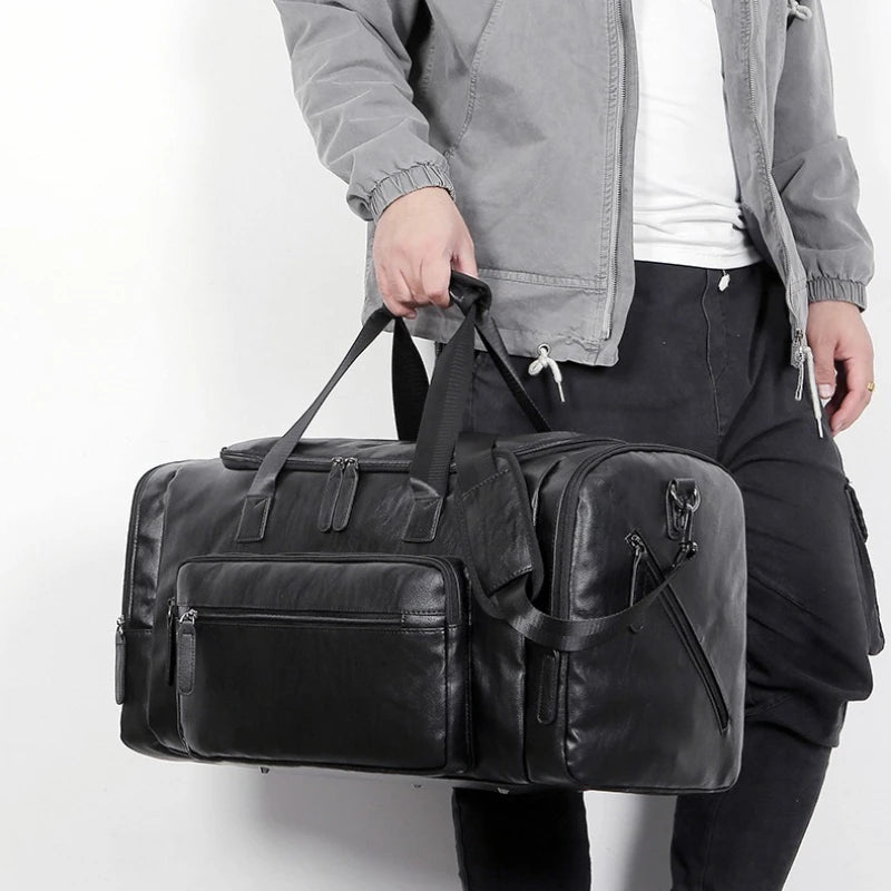 Large Men's Travel Tote Soft Leather Business Trip Holiday Handbag PU Shoulder Black Brown Bag Man Carry ON Luggage Pack Bags